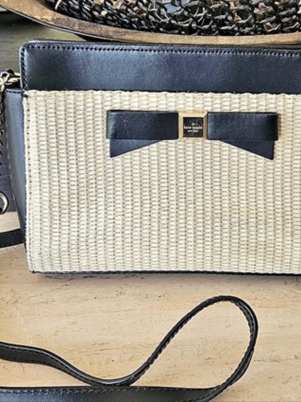 Kate Spade Black Leather & Straw Woven Bow Crossbody Bag